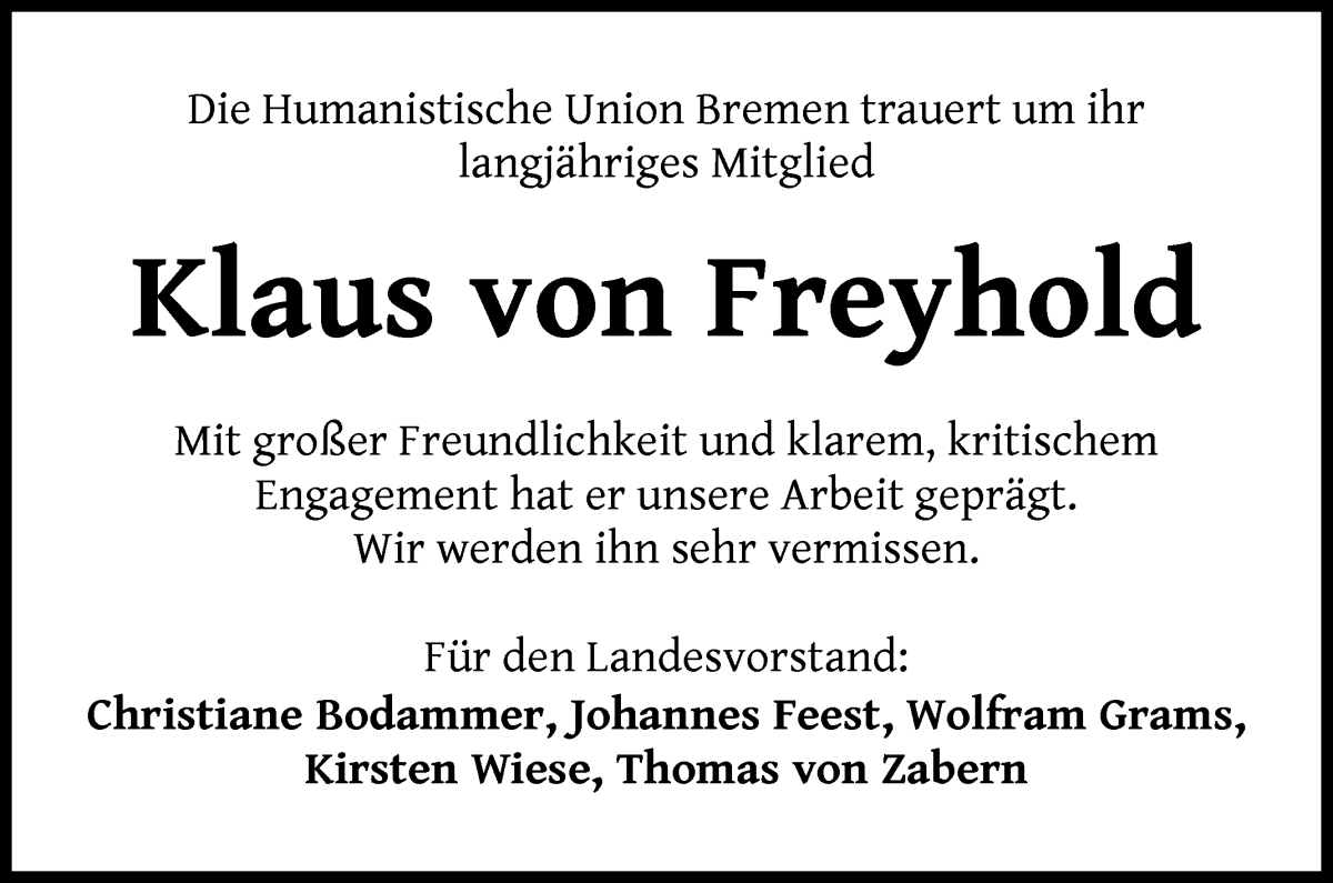Traueranzeige von Klaus von Freyhold von WESER-KURIER