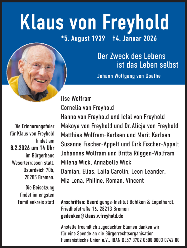 Traueranzeige von Klaus von Freyhold von WESER-KURIER