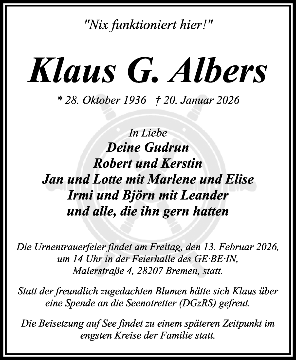 Traueranzeige von Klaus G. Albers von WESER-KURIER