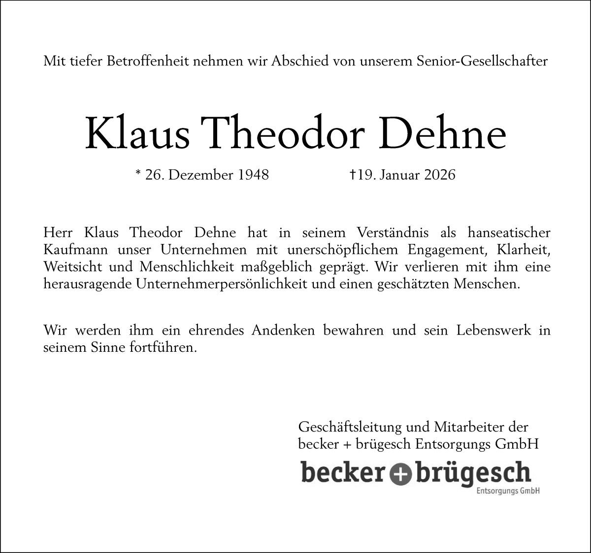 Traueranzeige von Klaus Theodor Dehne von WESER-KURIER