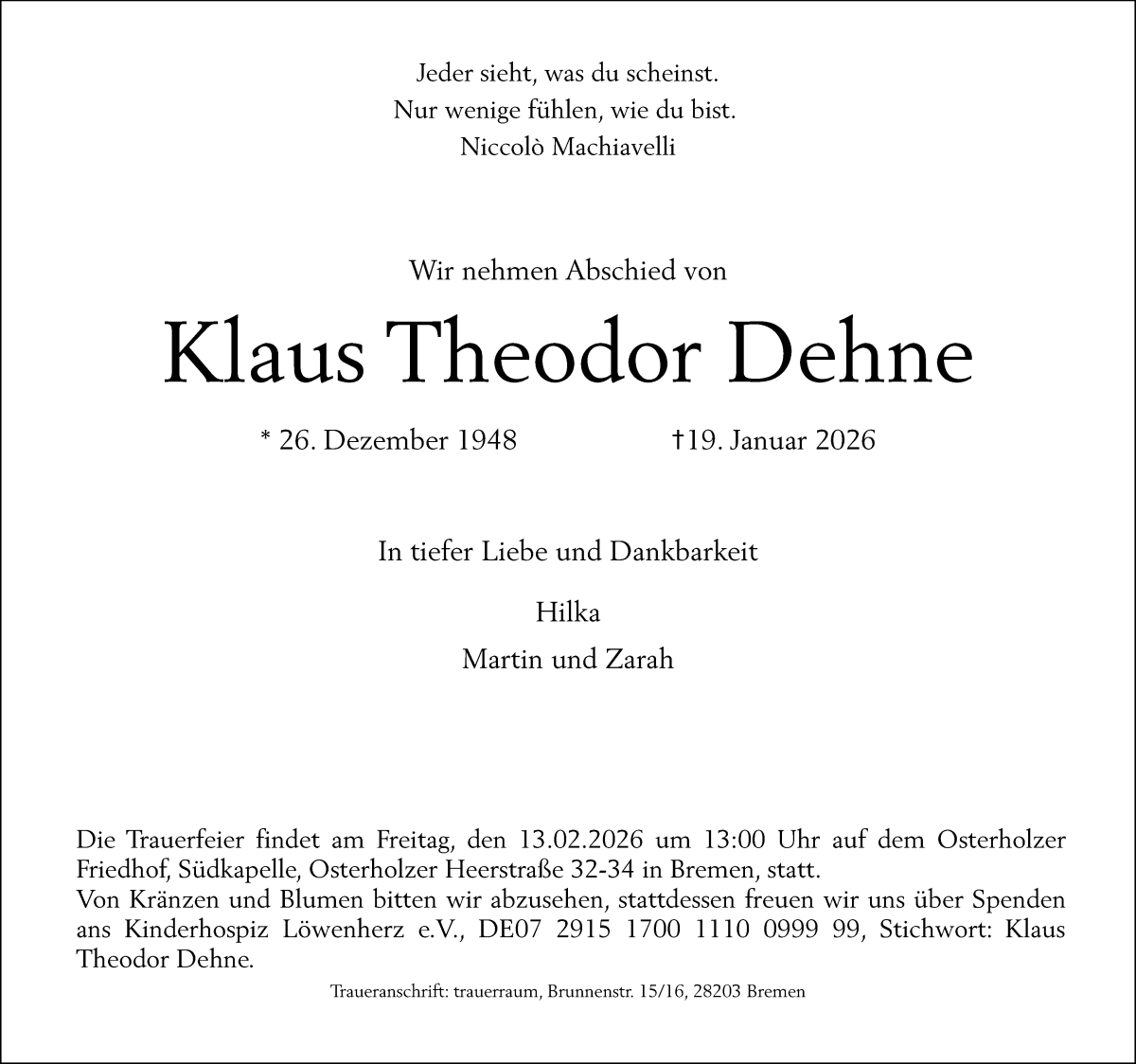Traueranzeige von Klaus Theodor Dehne von WESER-KURIER