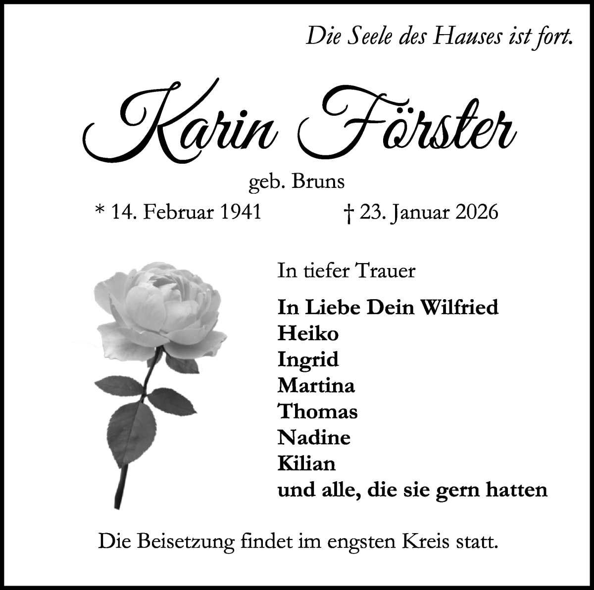 Traueranzeige von Karin Förster von Die Norddeutsche