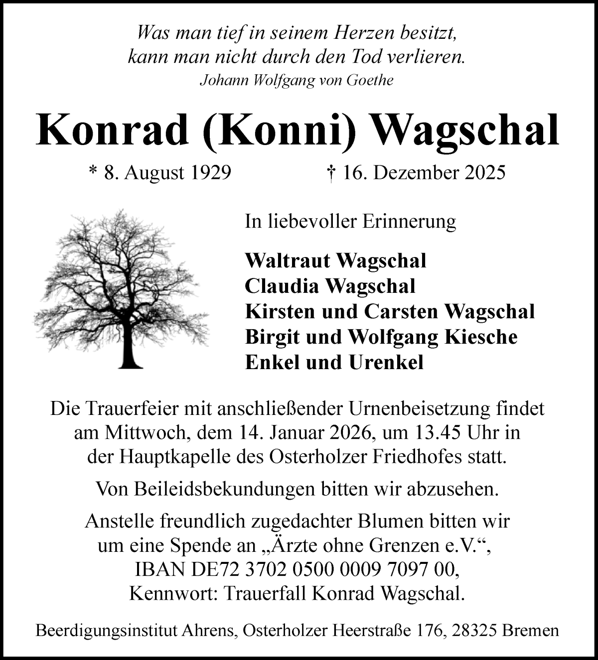 Traueranzeige von Konrad Wagschal von WESER-KURIER