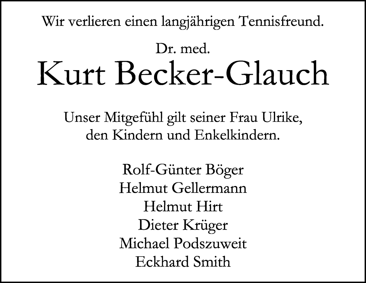 Traueranzeige von Kurt Becker-Glauch von WESER-KURIER