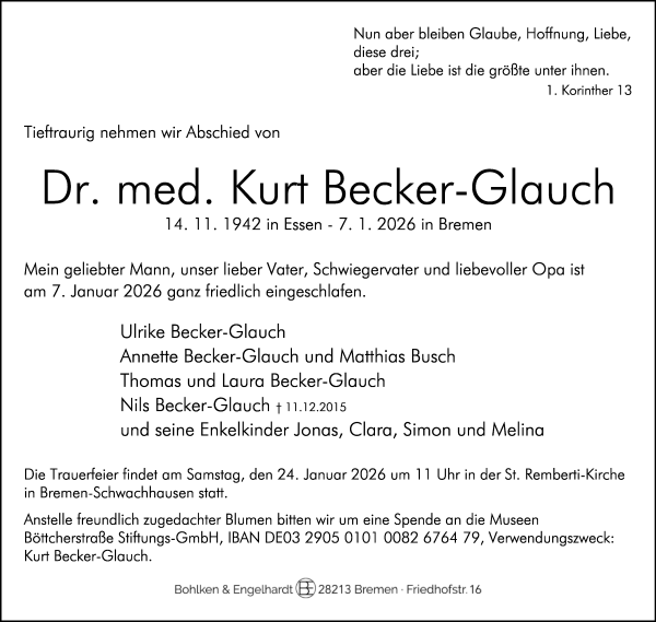 Traueranzeige von Kurt Becker-Glauch von WESER-KURIER