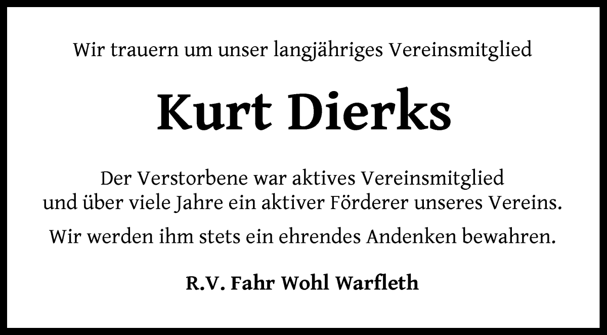 Traueranzeige von Kurt Dierks von Die Norddeutsche