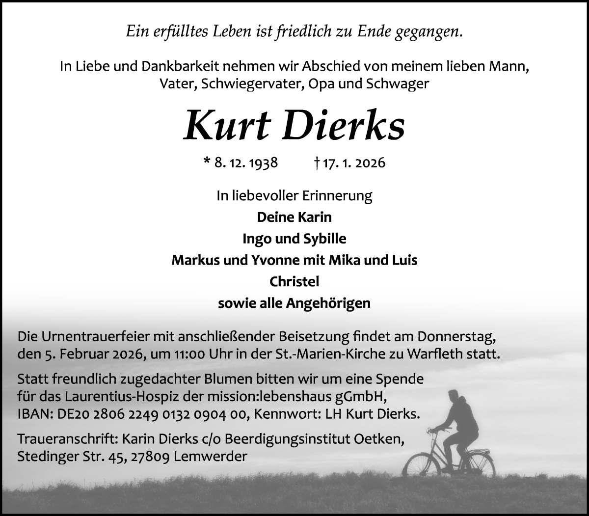 Traueranzeige von Kurt Dierks von Die Norddeutsche