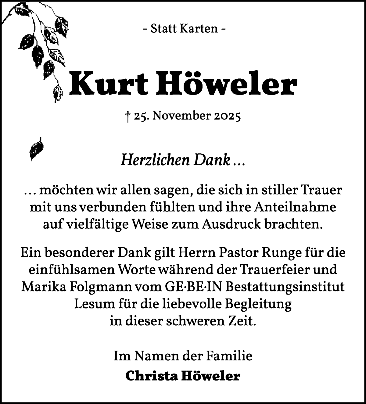 Traueranzeige von Kurt Höweler von Die Norddeutsche