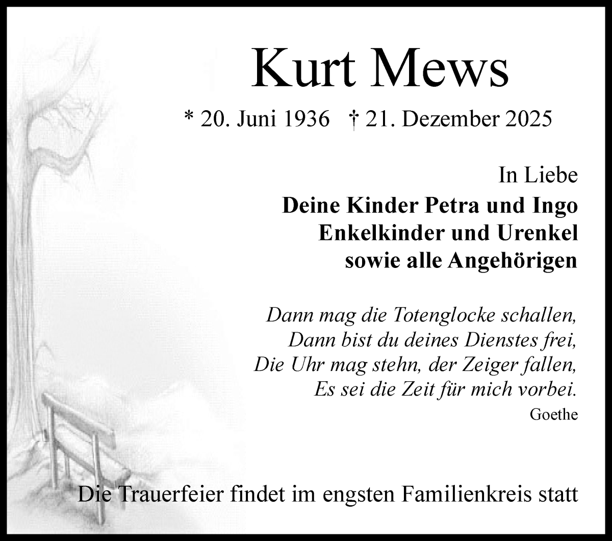 Traueranzeige von Kurt Mews von WESER-KURIER