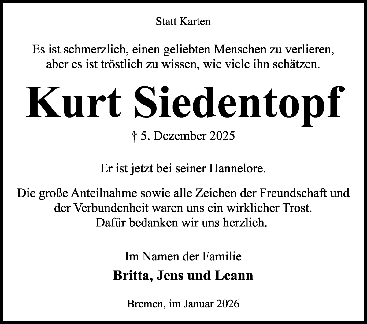 Traueranzeige von Kurt Siedentopf von WESER-KURIER