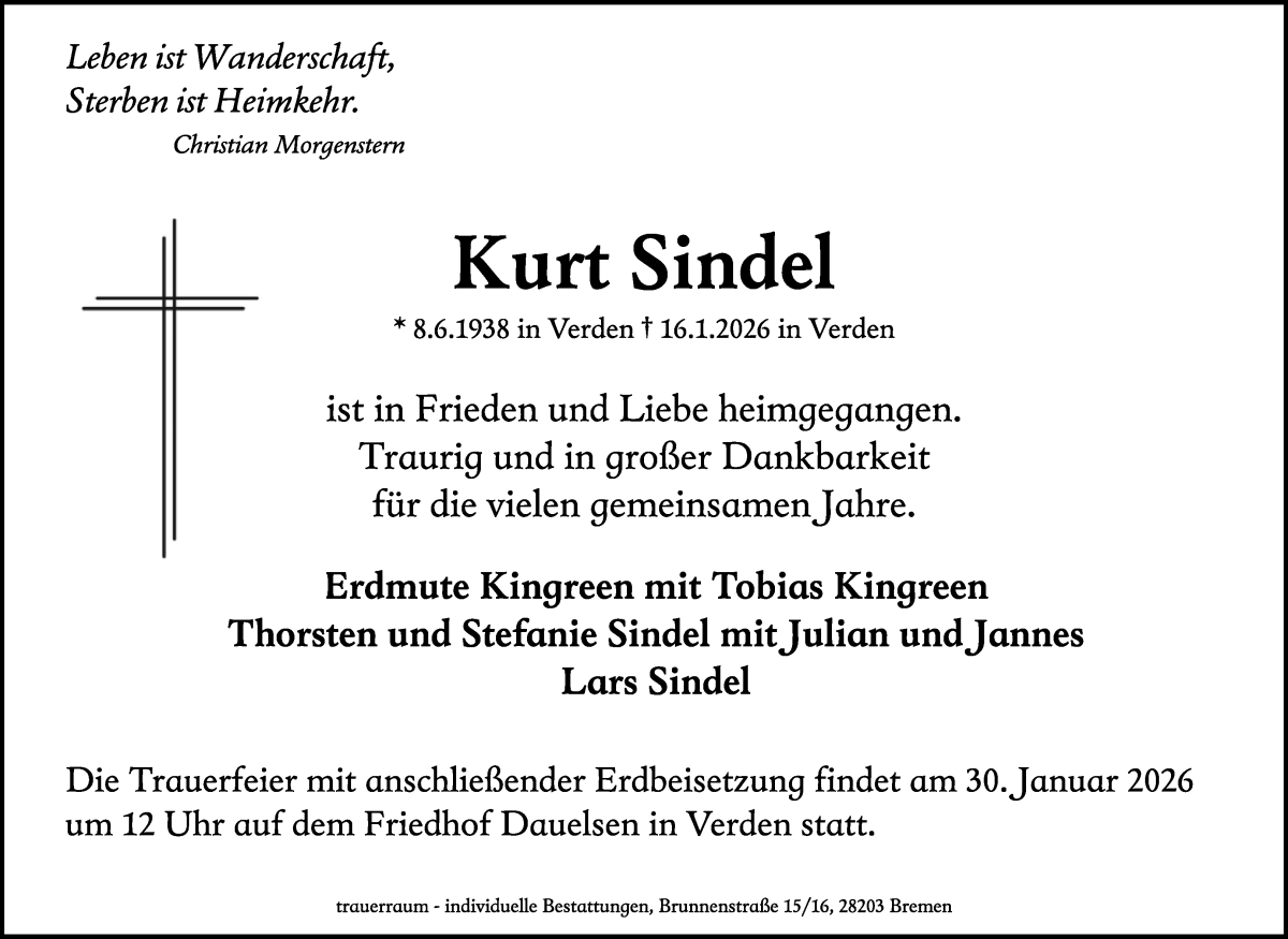 Traueranzeige von Kurt Sindel von Achimer Kurier/Verdener Nachrichten