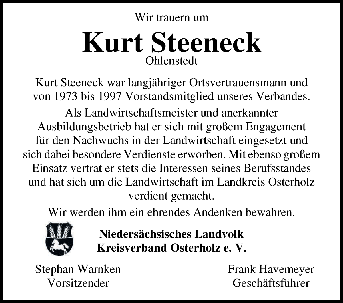  Traueranzeige für Kurt Steeneck vom 28.01.2026 aus Osterholzer Kreisblatt