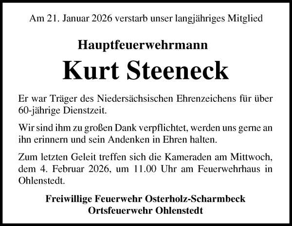 Traueranzeige von Kurt Steeneck von Osterholzer Kreisblatt