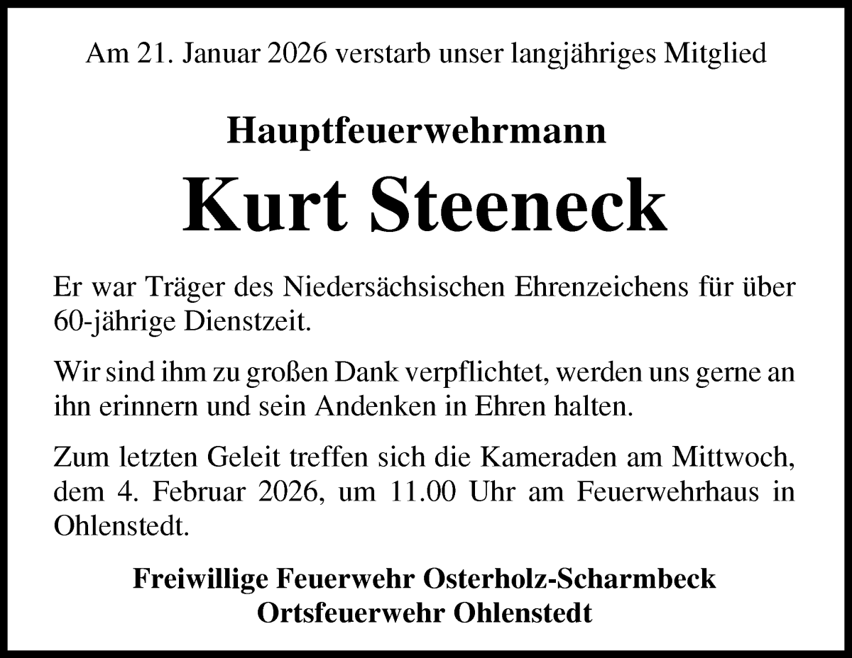  Traueranzeige für Kurt Steeneck vom 30.01.2026 aus Osterholzer Kreisblatt