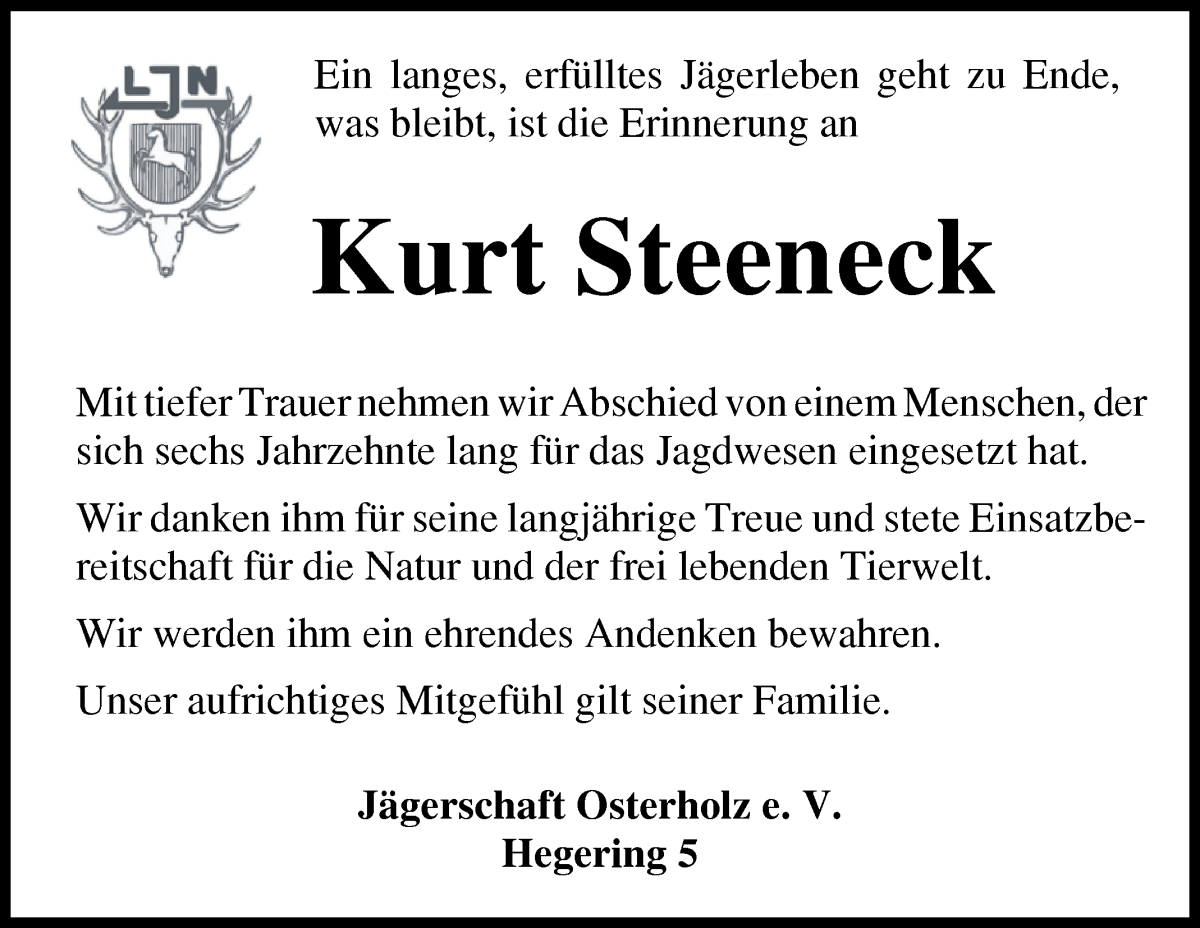  Traueranzeige für Kurt Steeneck vom 28.01.2026 aus Osterholzer Kreisblatt