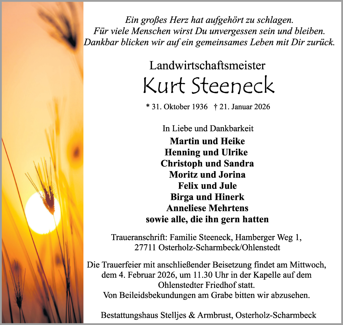  Traueranzeige für Kurt Steeneck vom 28.01.2026 aus Osterholzer Kreisblatt