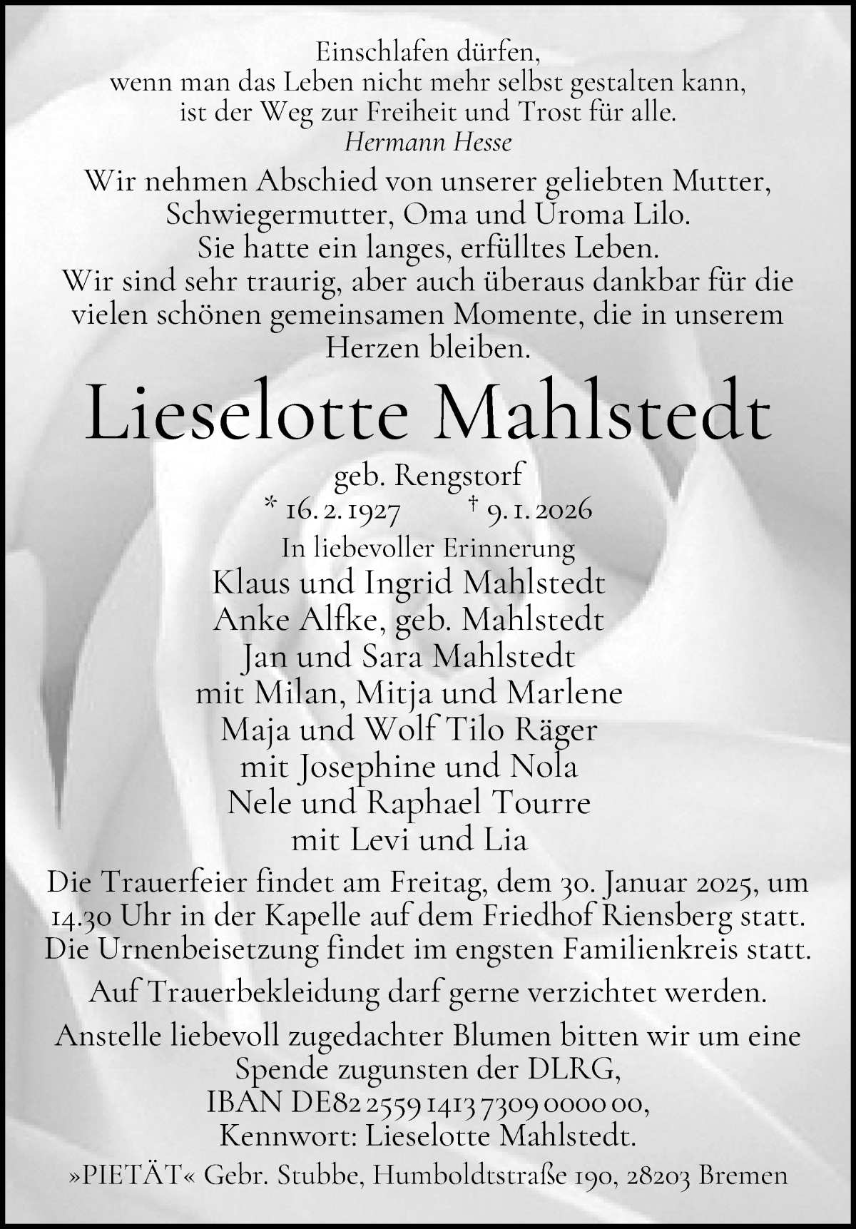 Traueranzeige von Lieselotte Mahlstedt von WESER-KURIER