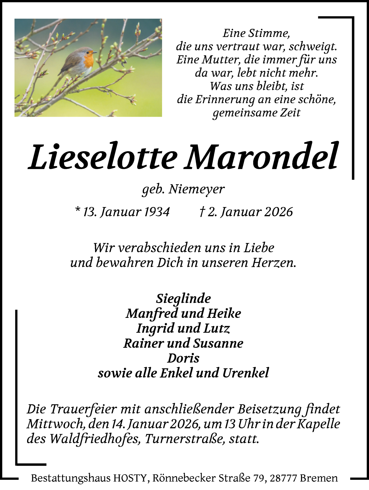 Traueranzeige von Lieselotte Marondel von Die Norddeutsche