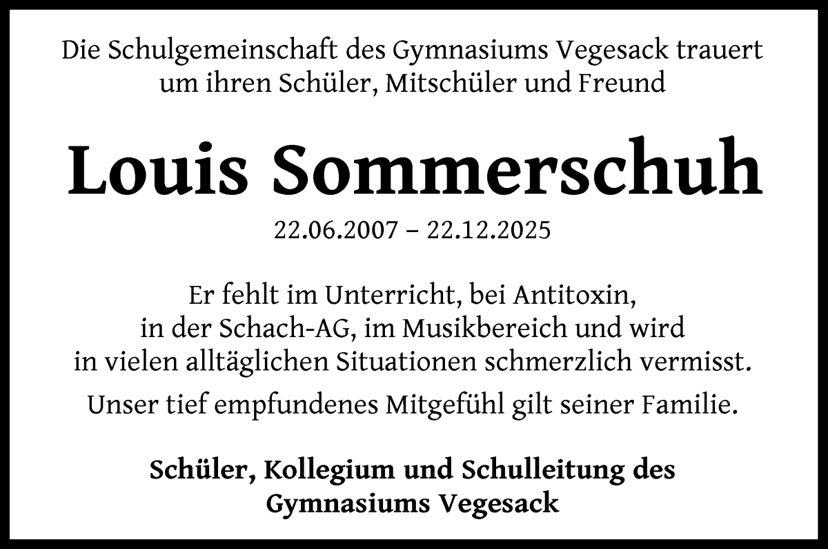 Traueranzeige von Louis Sommerschuh von Die Norddeutsche