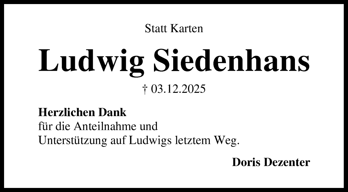  Traueranzeige für Ludwig Siedenhans vom 10.01.2026 aus Die Norddeutsche