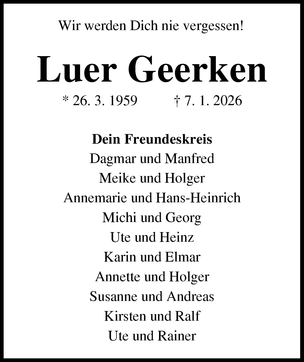 Traueranzeige von Luer Geerken von Osterholzer Kreisblatt