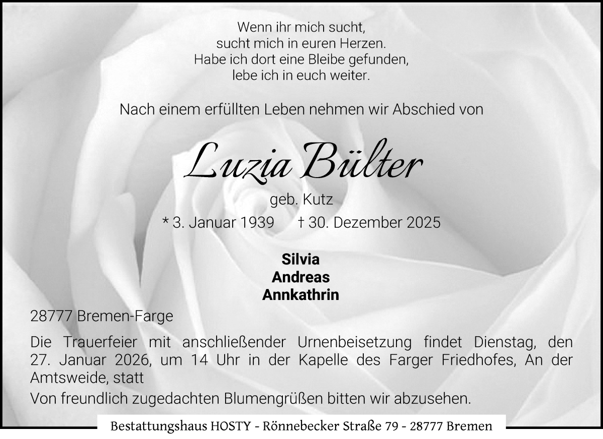 Traueranzeige von Luzia Bülter von Die Norddeutsche