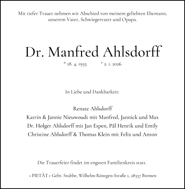 Traueranzeige von Manfred Ahlsdorff von WESER-KURIER