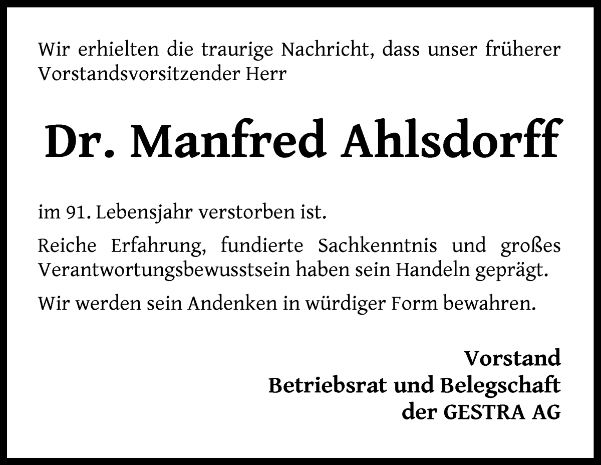 Traueranzeige von Manfred Ahlsdorff von WESER-KURIER