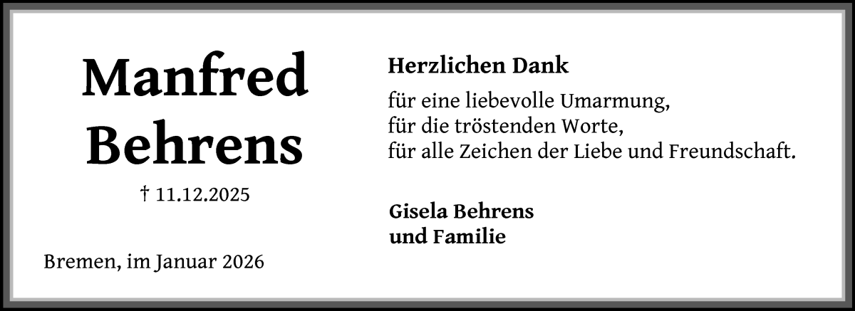 Traueranzeige von Manfred Behrens von Die Norddeutsche
