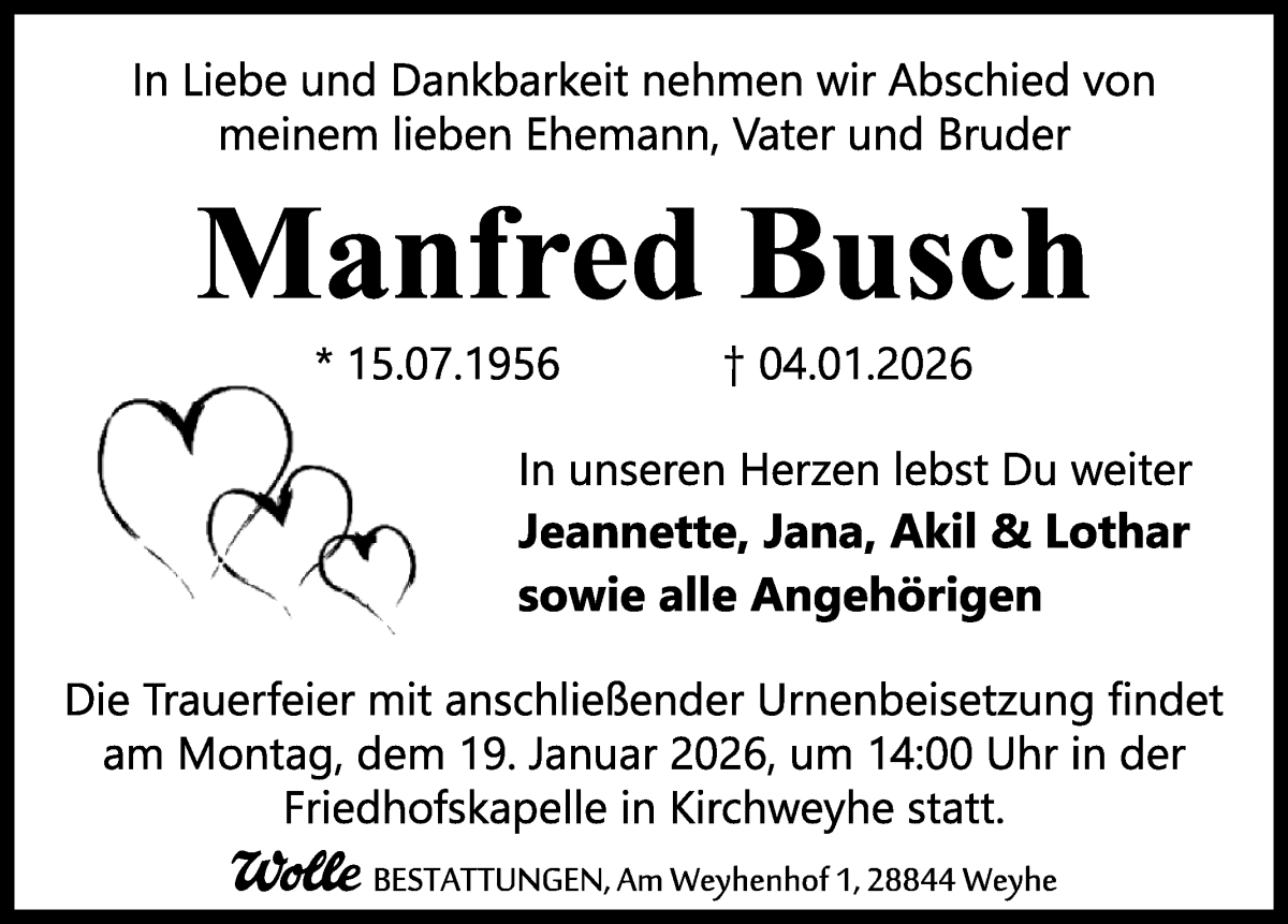 Traueranzeige von Manfred Busch von WESER-KURIER
