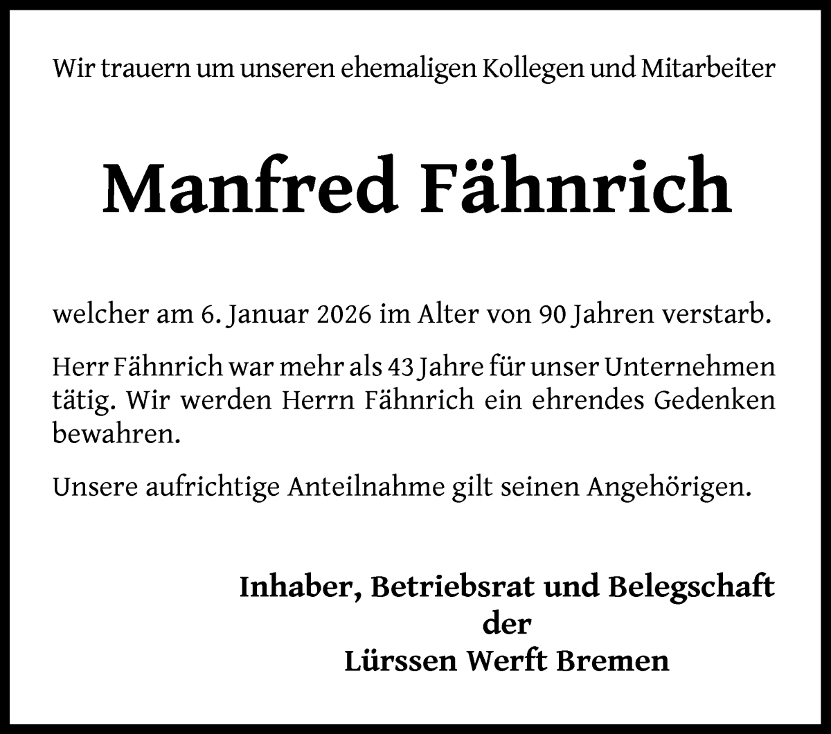 Traueranzeige von Manfred Fähnrich von Die Norddeutsche
