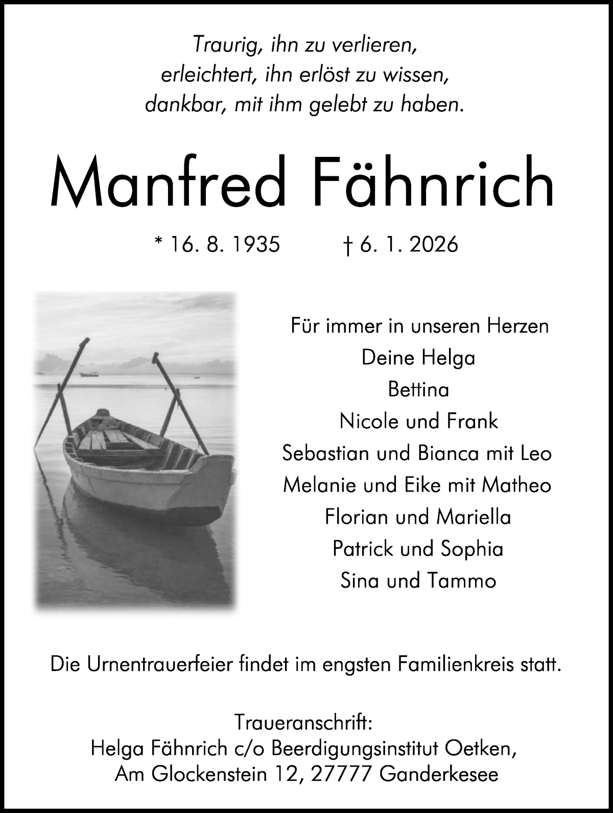 Traueranzeige von Manfred Fähnrich von Die Norddeutsche
