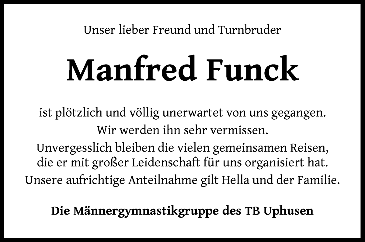 Traueranzeige von Manfred Funck von WESER-KURIER