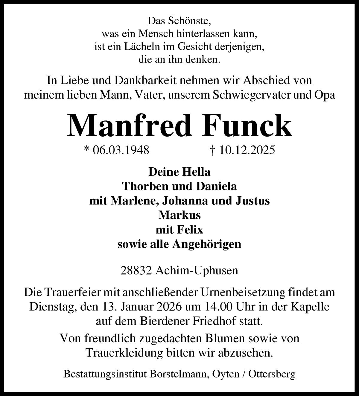 Traueranzeige von Manfred Funck von WESER-KURIER