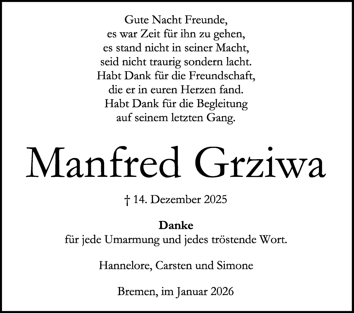Traueranzeige von Manfred Grziwa von WESER-KURIER
