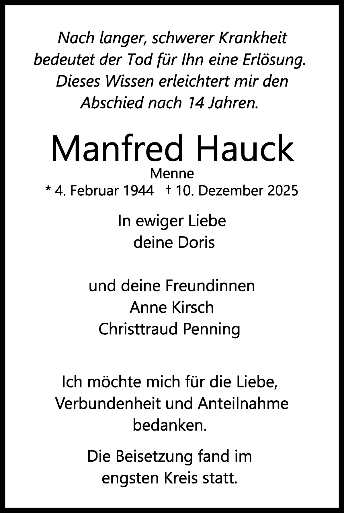  Traueranzeige für Manfred Hauck vom 10.01.2026 aus WESER-KURIER