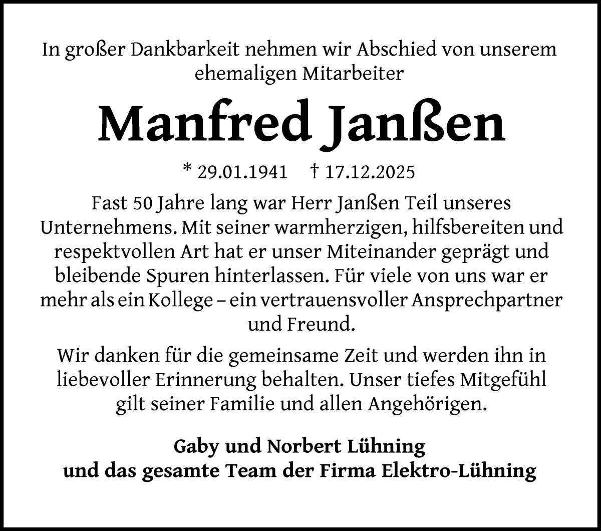 Traueranzeige von Manfred Janßen von WESER-KURIER