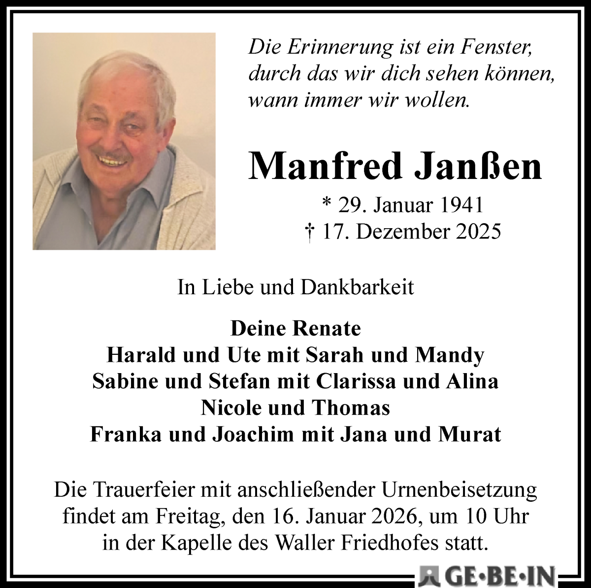 Traueranzeige von Manfred Janßen von WESER-KURIER