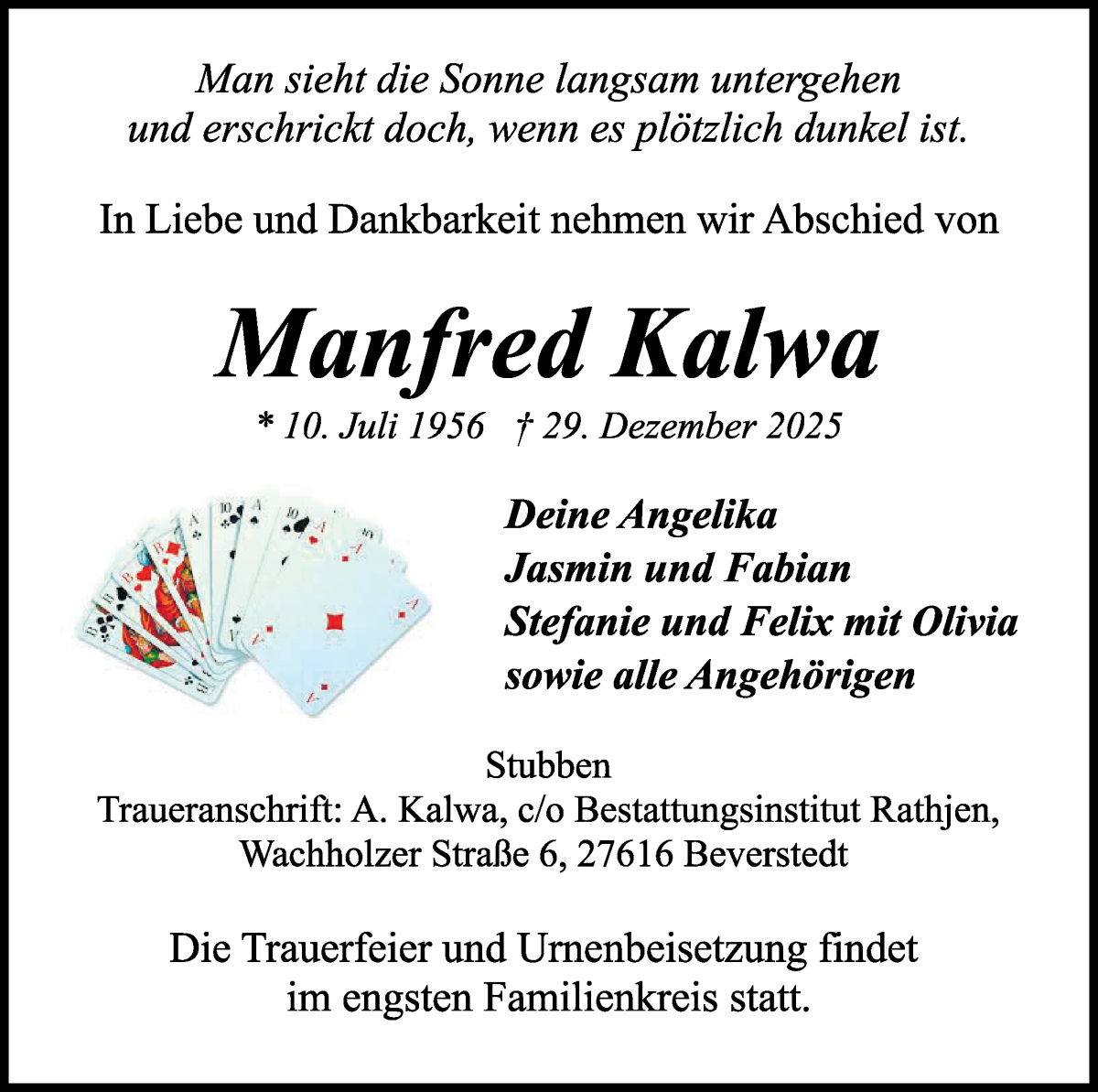 Traueranzeige von Manfred Kalwa von Osterholzer Kreisblatt