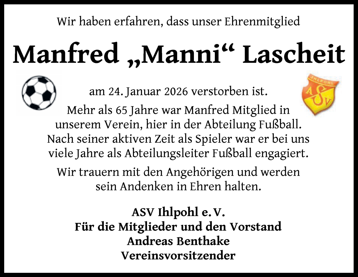 Traueranzeige von Manfred Lascheit von Die Norddeutsche