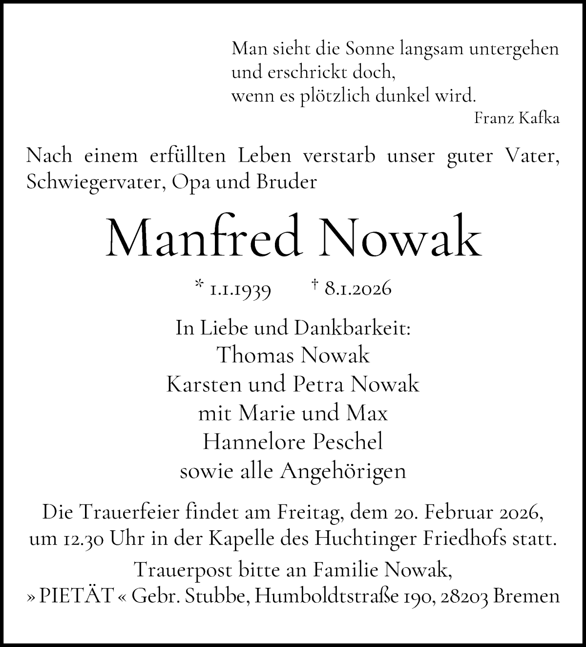 Traueranzeige von Manfred Nowak von WESER-KURIER