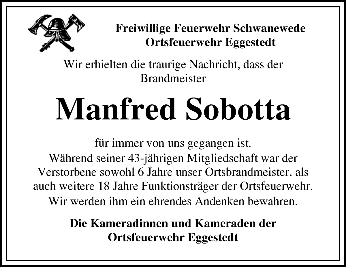 Traueranzeige von Manfred Sobotta von Die Norddeutsche