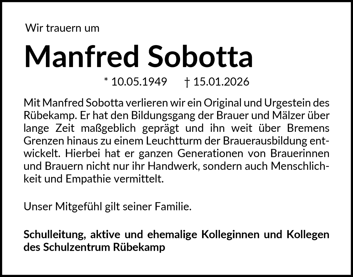 Traueranzeige von Manfred Sobotta von WESER-KURIER