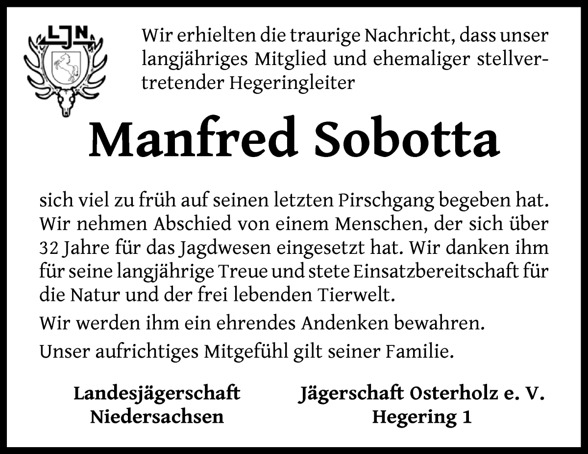 Traueranzeige von Manfred Sobotta von Die Norddeutsche