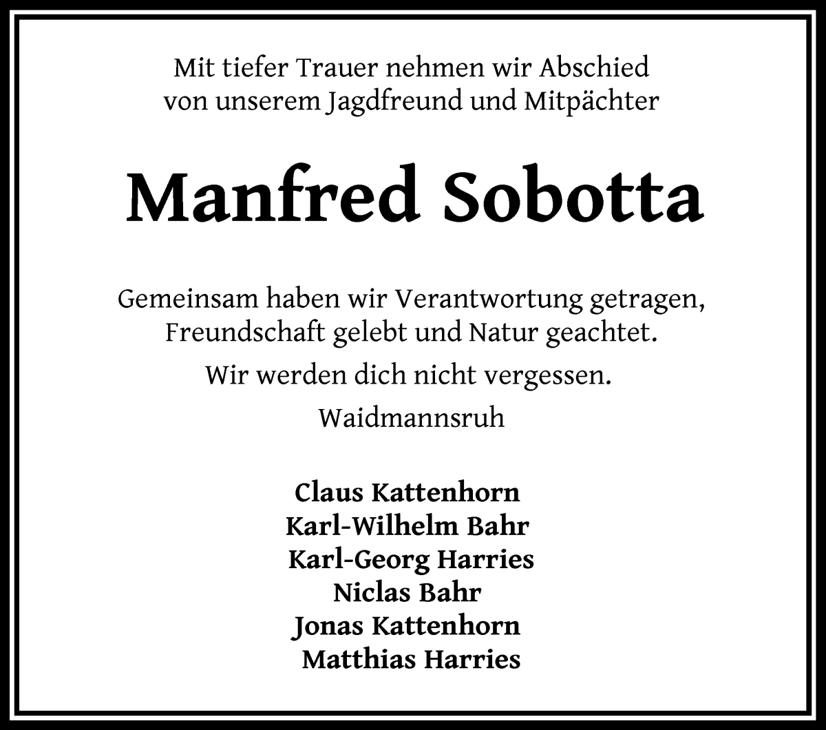 Traueranzeige von Manfred Sobotta von Die Norddeutsche