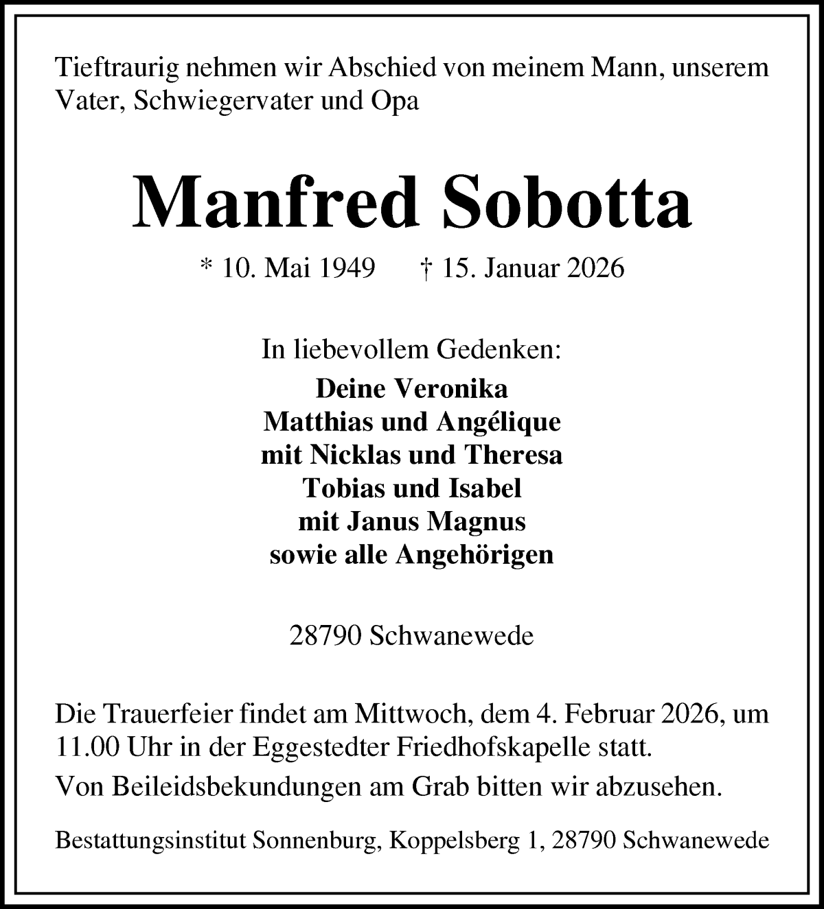Traueranzeige von Manfred Sobotta von Die Norddeutsche
