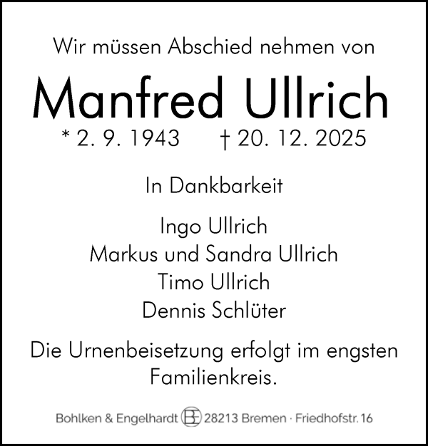 Traueranzeige von Manfred Ullrich von WESER-KURIER