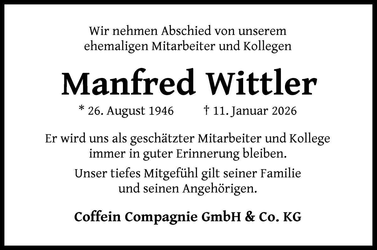 Traueranzeige von Manfred Wittler von WESER-KURIER