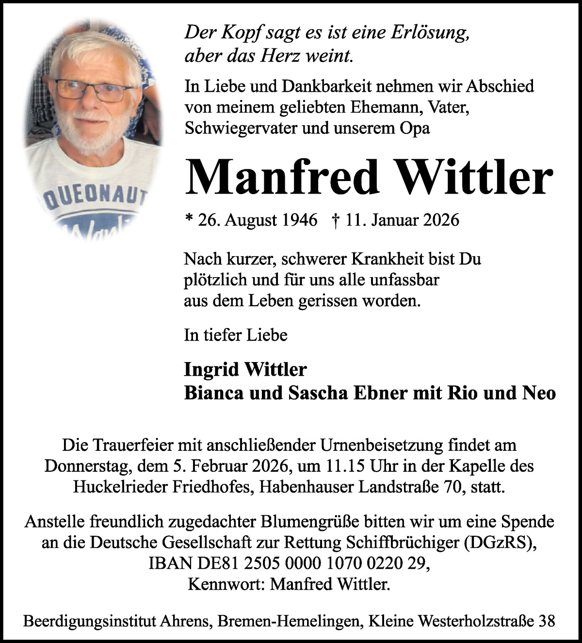Traueranzeige von Manfred Wittler von WESER-KURIER
