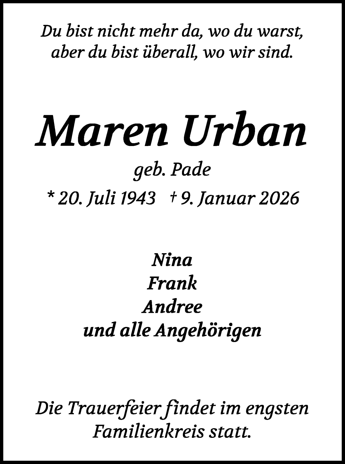 Traueranzeige von Maren Urban von WESER-KURIER